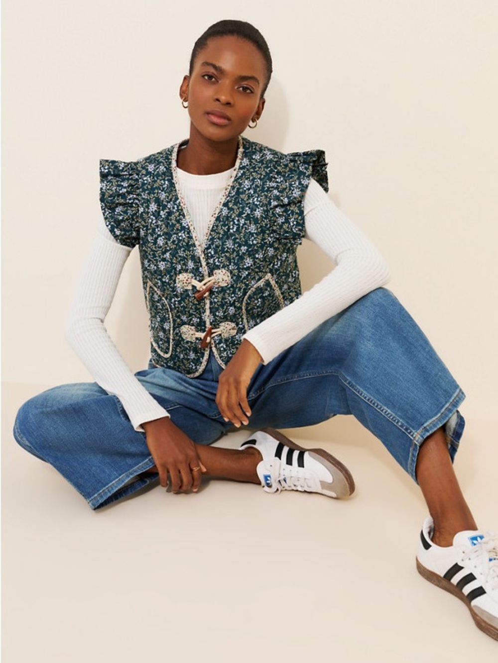 Dolan Teal Floral Quilted Toggle Vest with Ruffle Shoulders